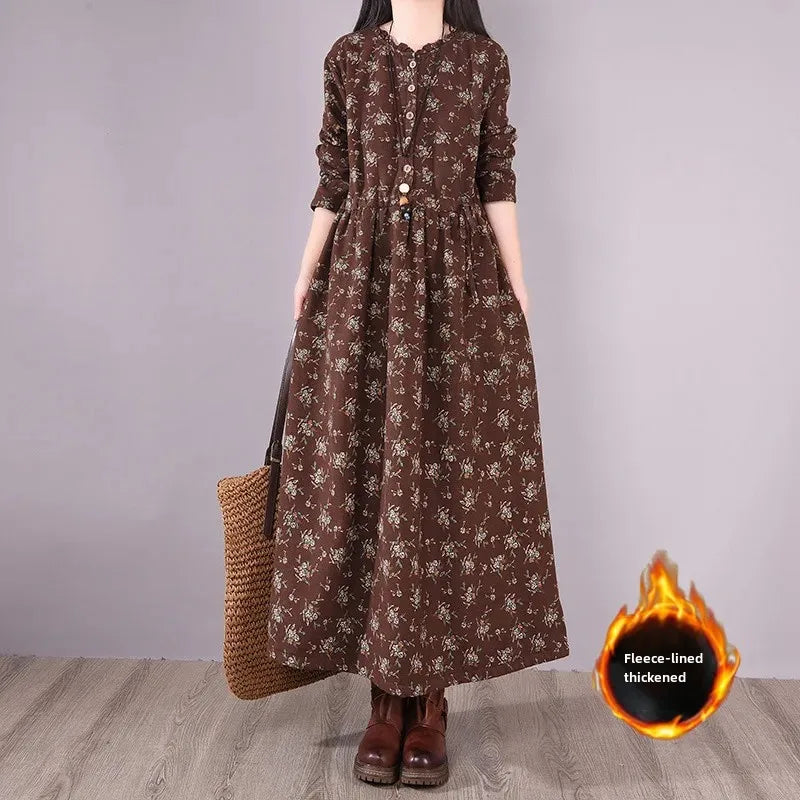 Chinese Style Cotton Linen Vintage Loose-Fit Fleece-Lined Thickened Long Sleeve Dress 2023 Winter New Women's Long Dress