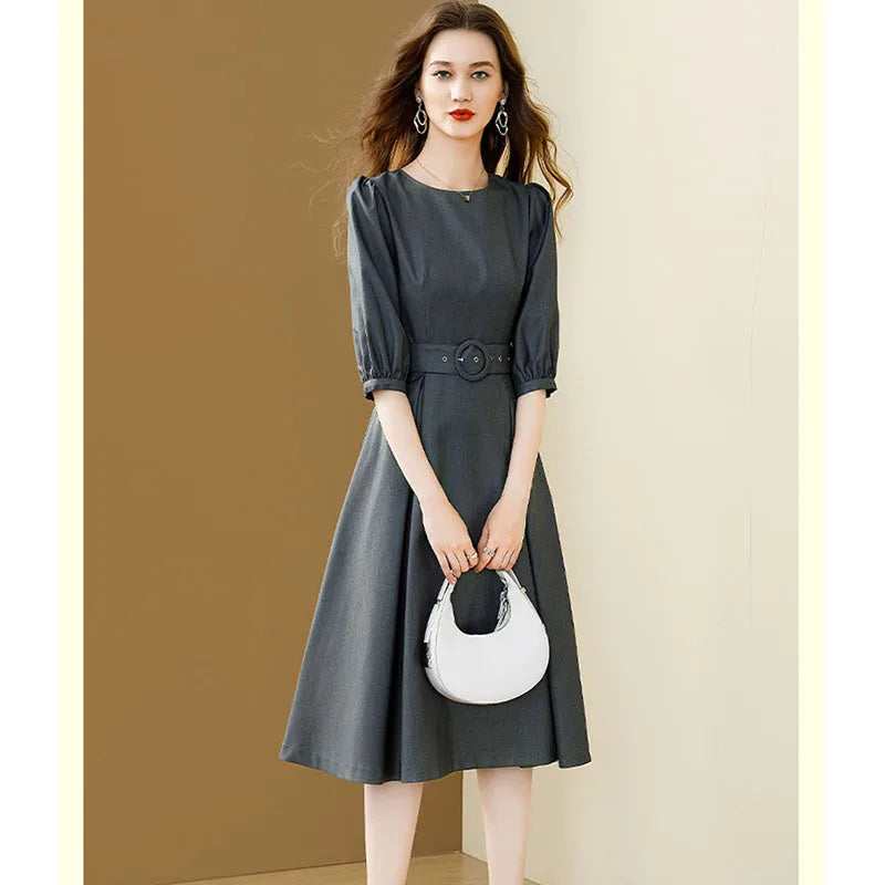 Women Round Neck Solid Color Maxi Dress Spring Autumn Female Medium Long Styles Long Dresses Ladies Fashion Puff Sleeve Vestidos