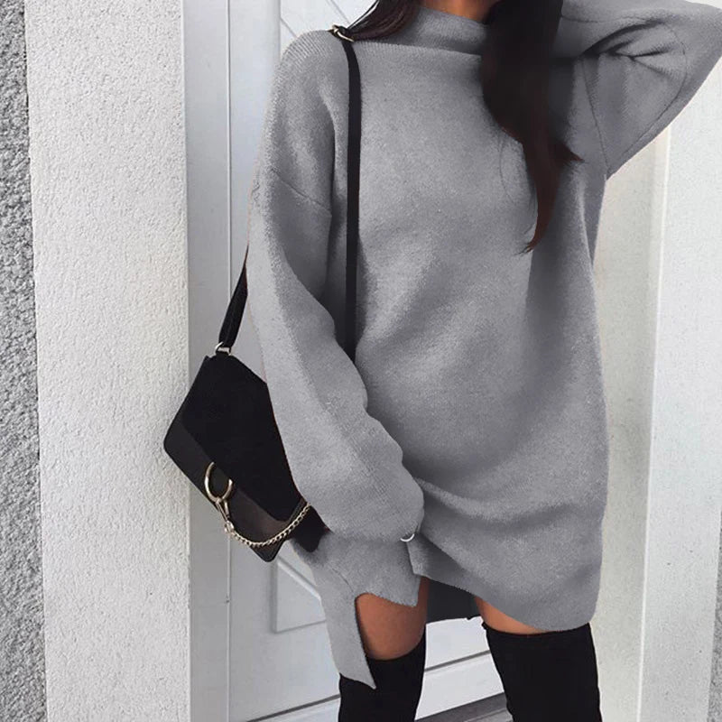 Fleece High Neck Side Slit Casual Long Sleeve Short Dress Women Dress Autumn Winter All-match Simple Basic Sportwear Sweatshirt