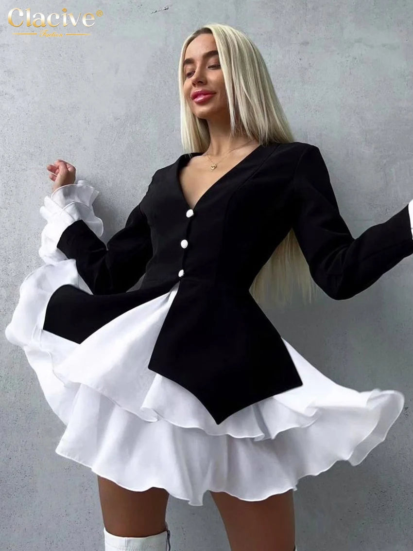 Clacive Fashion Loose Black Patchwork Women Dress 2025 Sexy V-Neck Long Sleeve Mini Dresses Elegant Classic Pleated Female Dress