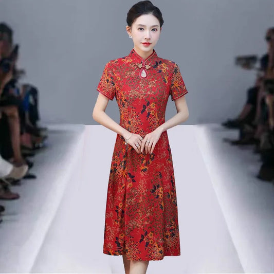 Summer Dress Middle aged Woman Floral  Short Sleeve Waist A-Line Dress Retro Asian Long Vintage Dresses for Women Clothes