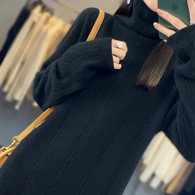 LHZSYY Turtleneck 100% Pure Wool Dress Women's New Autumn Winter Hip Wrap Knit Skirt High-End Sweaters Loose Cashmere Long Dress