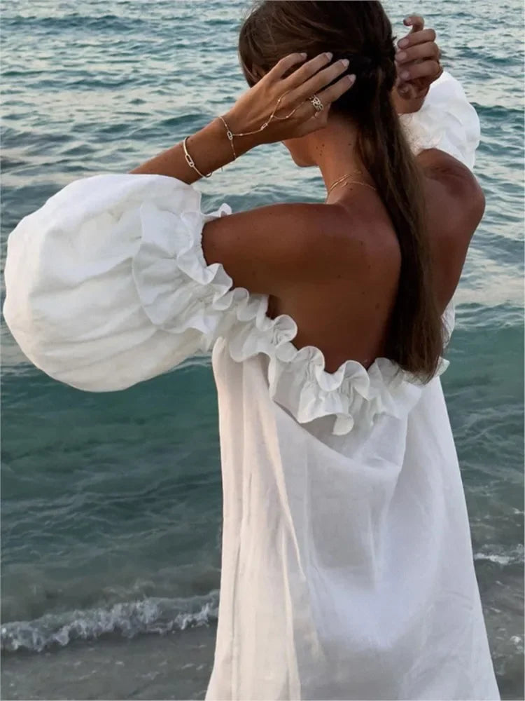 Women Dress Sexy Slash Neck White Fashion Elegant Beach Party Holiday Casual Dresses New Female Ruffles Lantern Sleeve Vestidos