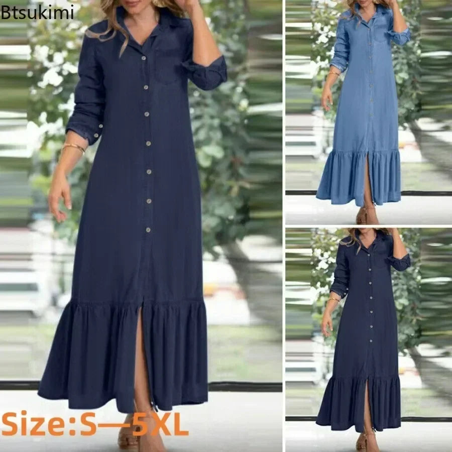 2025 Women's Casual Long Sleeve Jeans Dress Korean Fashion Ladies' Oversized Denim Dress Loose Elegant Beach Streetwear Dress