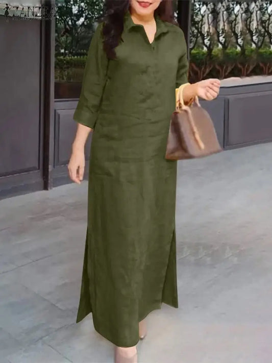 ZANZEA Woman Fashion Split Hem Dress Autumn 3/4 Sleeve Lapel Neck Maxi Robe Elegant OL Work Sundress Casual Street Vestidos 2023