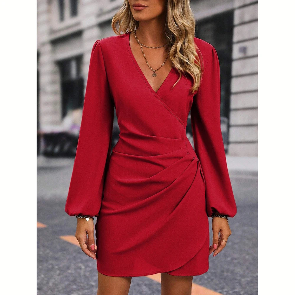 Mia Muse Women's Dresses Autumn Fitting Slim Waist In Design Plain Long Sleeve V-Neck Mini Shift Fashion Dresses