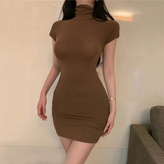 Bodycon Dresses for Women 2024 High Neck Thigh Length Short Sleeve Fitted Women's Valentines Going Out Club Date Night Outfit