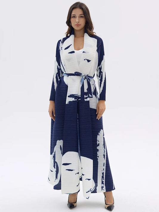 Miyake Pleated Long Sleeve Printed Dress Windbreak Women 2024 Winter New Original Designer Abayas Turndown Collar Belted Coats