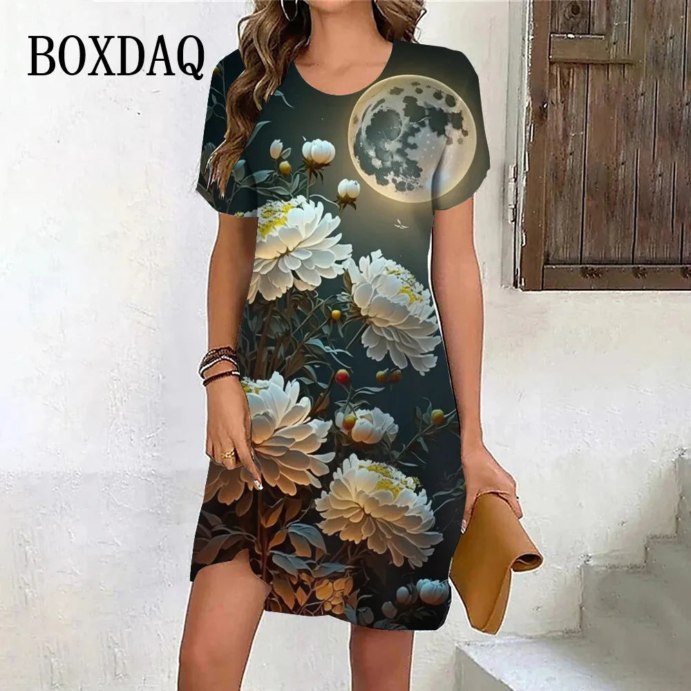 New 2024 Summer Dresses Women Tie Dye Scenery Flower Print Dress Female Clothing Casual Retro Short Sleeve Loose Plus Size Dress