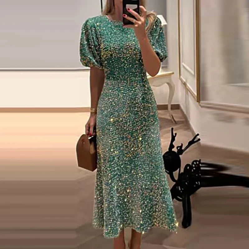 Fashion O-neck Shiny Sequin Banquet Dress Women Causal Short Sleeve Solid Long Dress Elegant High Waist Slim Club Party Dresses