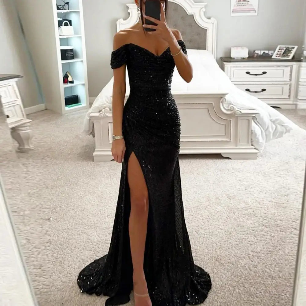 Women V-Neck Off Shoulder Maxi Dress Sequin Pleated Short Sleeve Waist Tight Evening Party Prom Dress Slim Sexy Split Long Dress