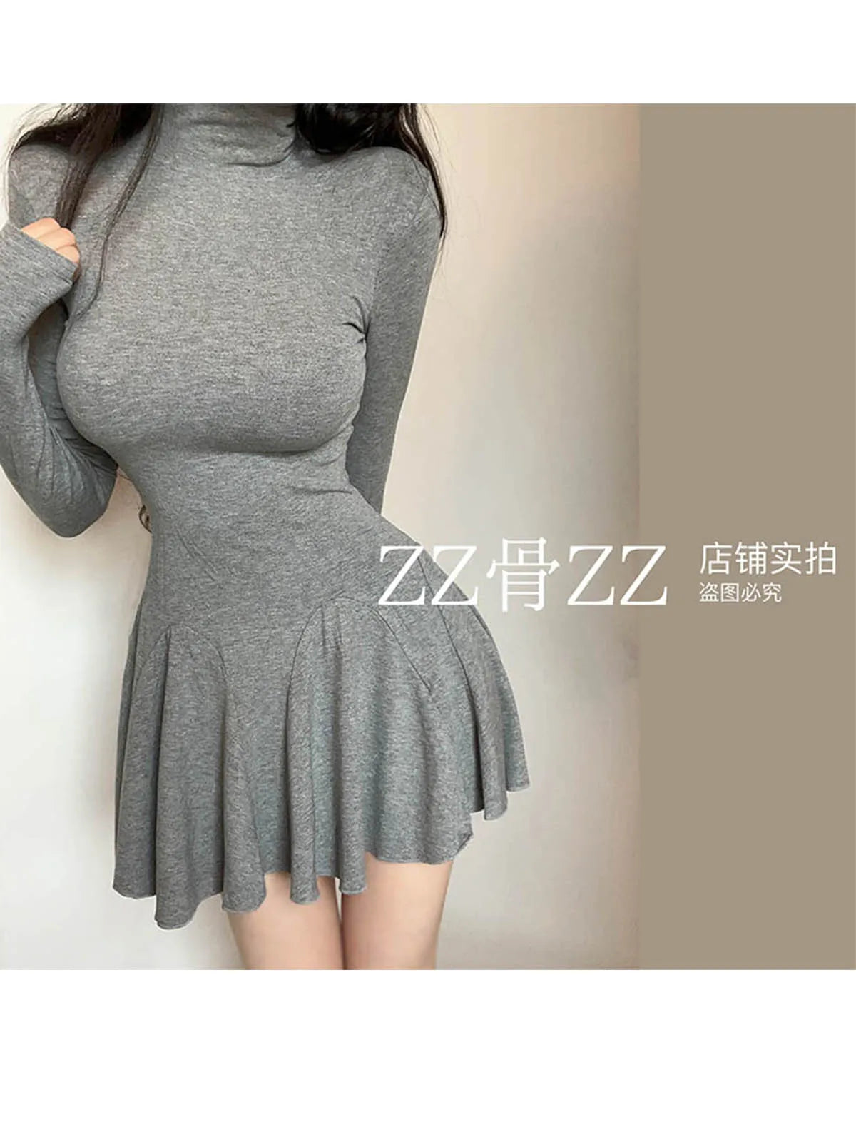 New Dress Elegant Pure Desire Body, High Neck Show Chest, Lazy Long Sleeved Gray Fashion Women Mini Dress Sweet 2024 New 739Y