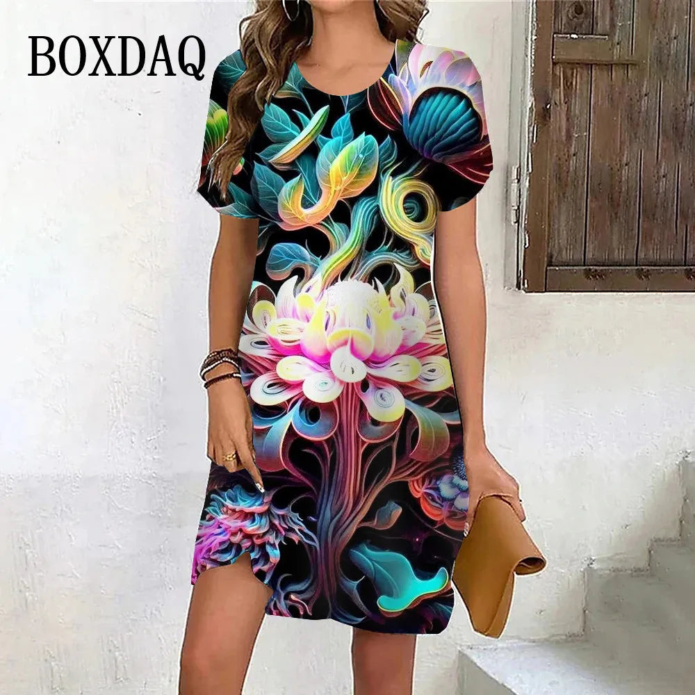 New 2024 Summer Dresses Women Tie Dye Scenery Flower Print Dress Female Clothing Casual Retro Short Sleeve Loose Plus Size Dress