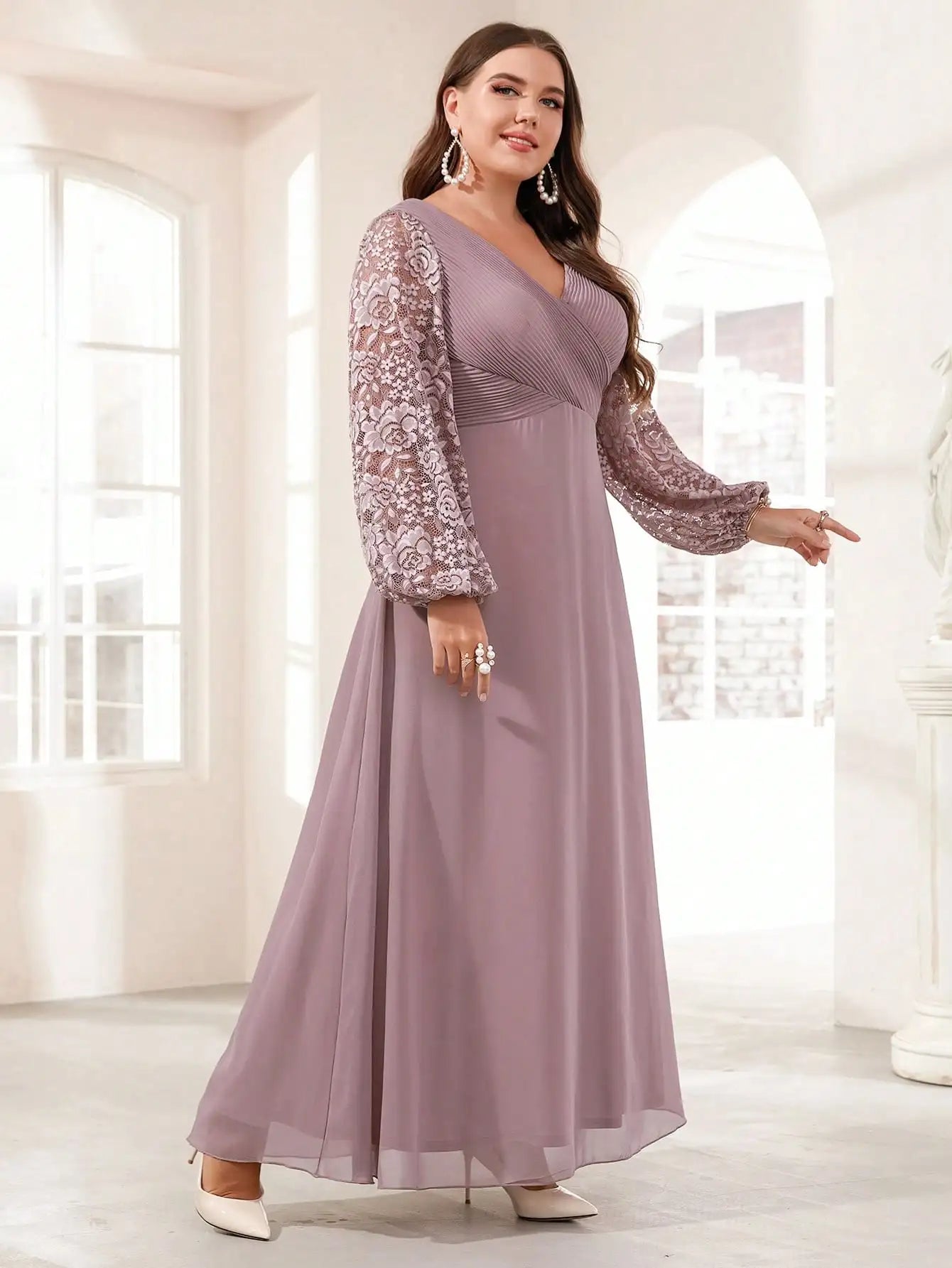 Mgiacy Plus-size V-neck lace patchwork cross lantern sleeve Romantic chiffon evening ball dress Party dress