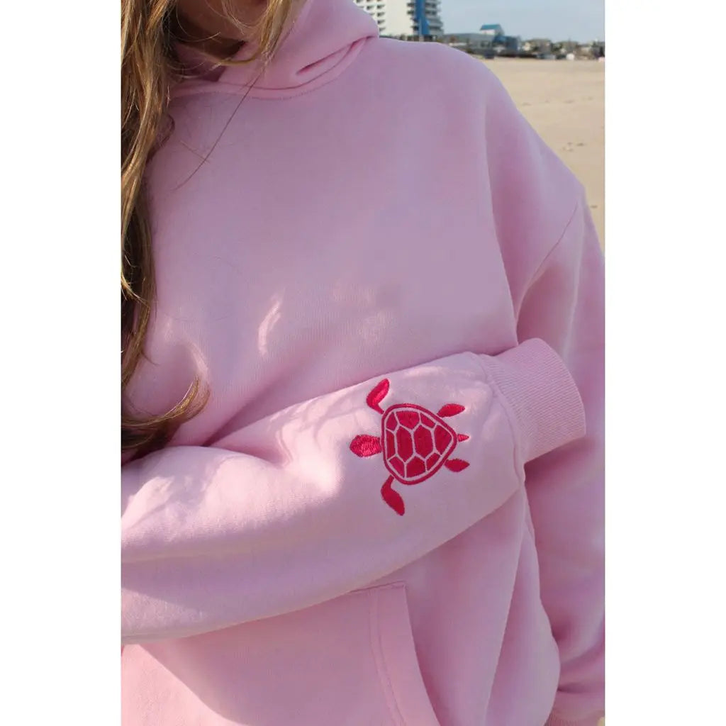 Women Y2K Turtle Aesthetic Embroidered Long Sleeve Hooded Sweatshirts with Kangaroo Pocket Drop Shoulder Loose Fit Pullover Tops