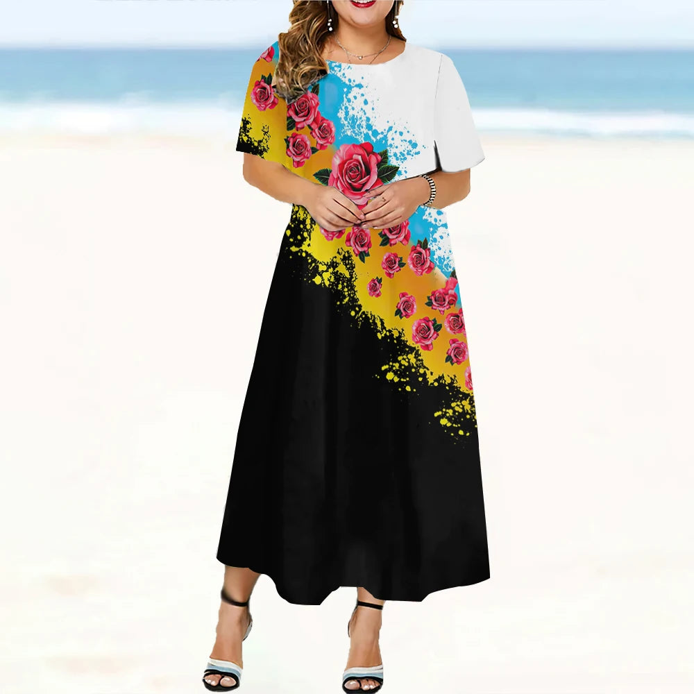 Elegant Fashions Womens Dresses Oversize Woman Dresses Clothing Round Neck Short Sleeves Long Dress Flowers Print Loose Pullover