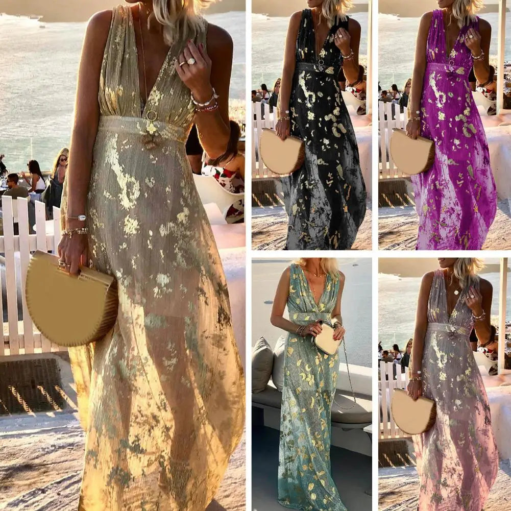 Flowy Hem Quick Drying Ankle-Length Summer Elegant Bronzing Printing Beach Party Maxi Dress Holiday Dress Streetwear