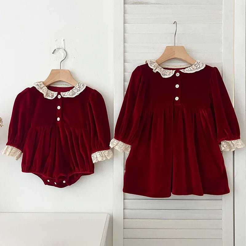 New Christmas Party Dress Kids Baby Girls Lace Collar Red New Year's Princess Dress Kids Baby Girls Dress Children Clothes Dress