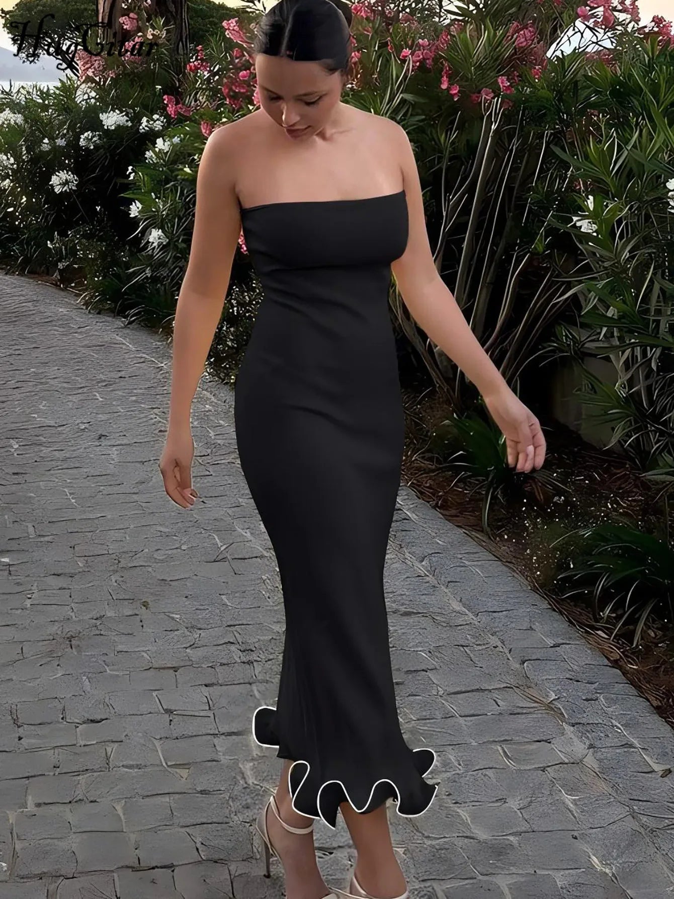 Hugcitar 2024 Elegant Solid Strapless Ruffles Sexy Bodycon Maxi Prom Dress Summer Women Fashion Outfit Birthday Party Festival