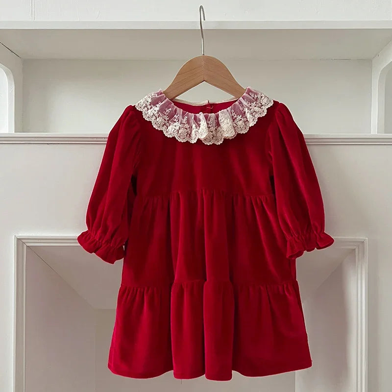 New Christmas Party Dress Kids Baby Girls Lace Collar Red New Year's Princess Dress Kids Baby Girls Dress Children Clothes Dress