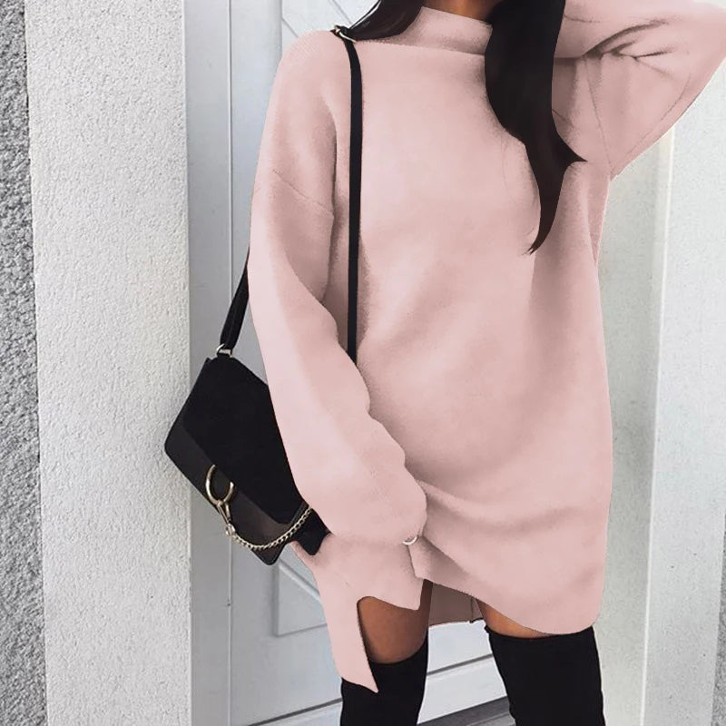 Fleece High Neck Side Slit Casual Long Sleeve Short Dress Women Dress Autumn Winter All-match Simple Basic Sportwear Sweatshirt