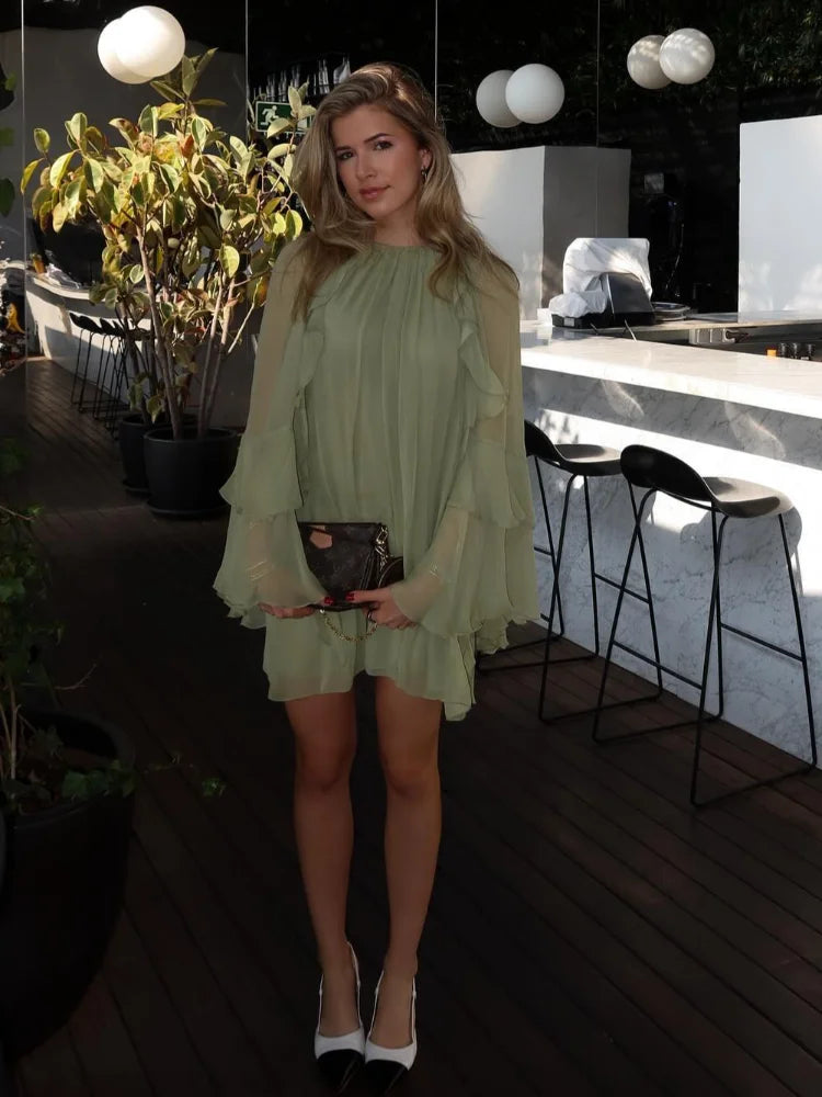 Women Fashion Green Ruffle Hem Mini Dress Elegant Round Neck Long Flare Sleeve Party Dresses Summer New Lady Vacation Veatidos