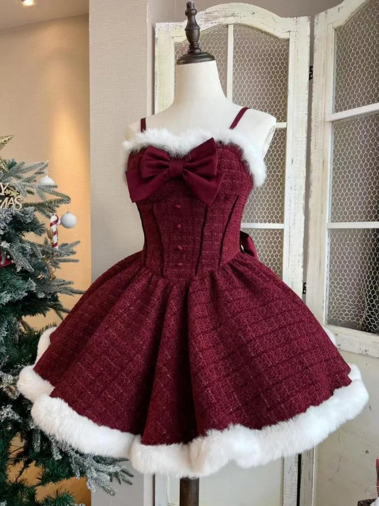 Christmas New Year 3 Piece Set Sweet Lolita Style Dress Sets Womens Elegant Chic Bow Plush Shawl Short Jackets Mini Skirts Suit