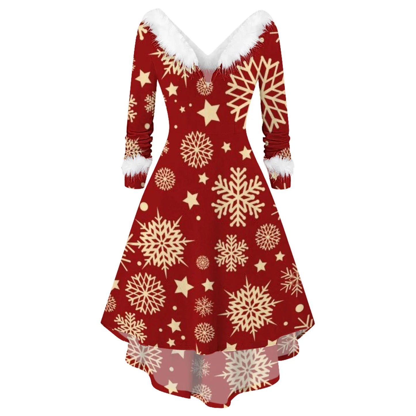 Fashion Spliced Christmas Dress Women Winter Furry Plush Party Dress Female Long Sleeve Irregular A -line Dress Vestidos Navidad