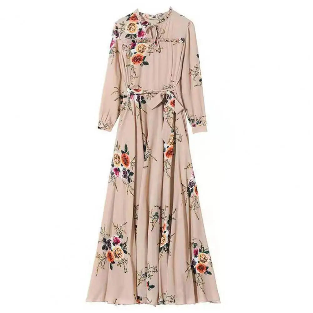 Women Maxi Dress Temperament Loose Hem Tight Waist Flower Print Lace Up Dress-up Long Sleeves A-line Banquet Dress Female Clothe