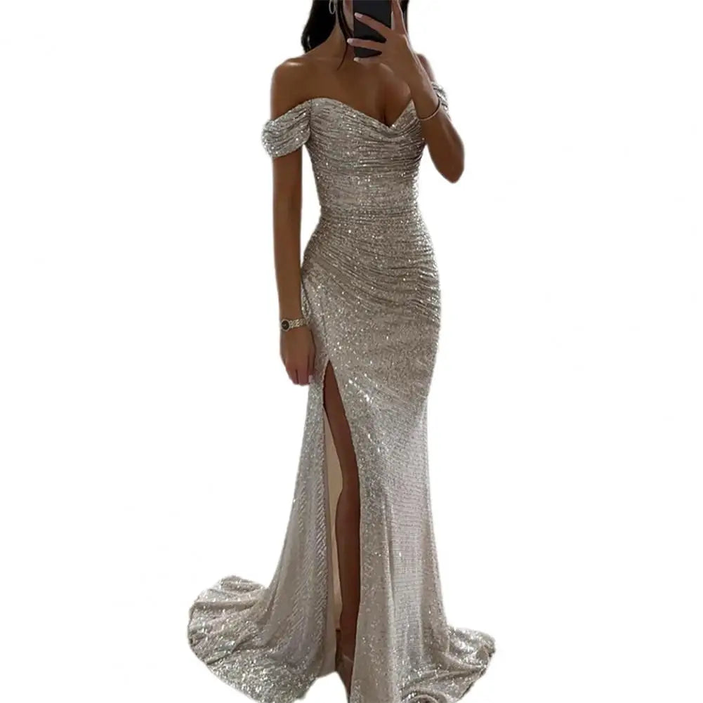 Women V-Neck Off Shoulder Maxi Dress Sequin Pleated Short Sleeve Waist Tight Evening Party Prom Dress Slim Sexy Split Long Dress