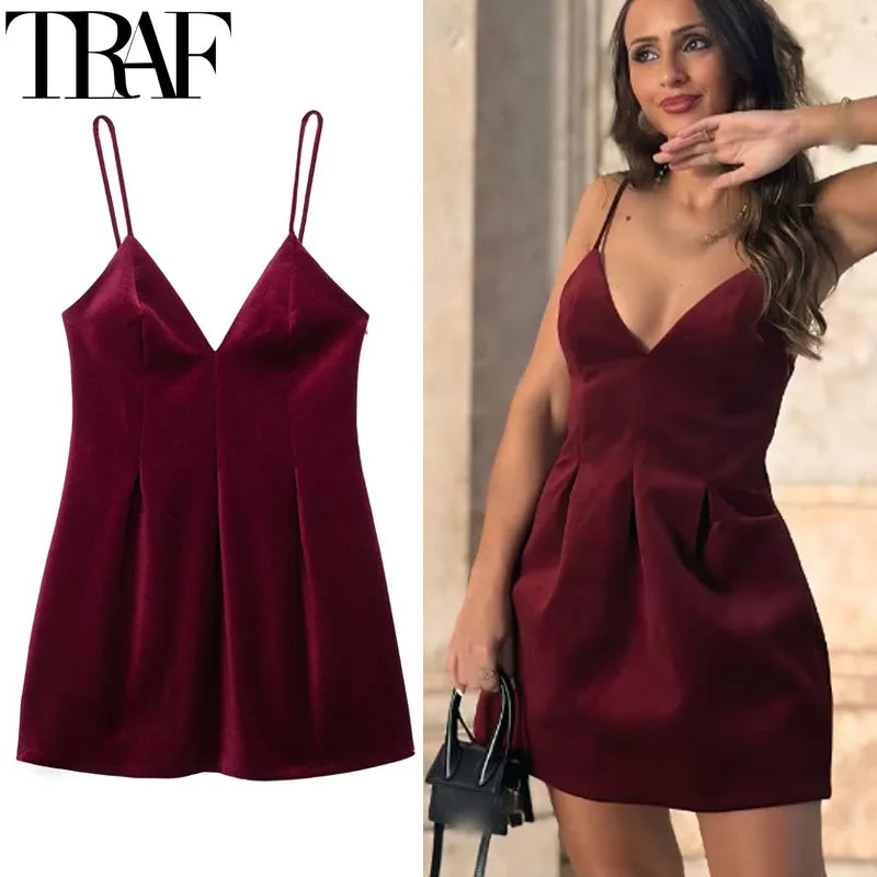 TRAF Women's Dress Slip Mini Velvet Dress Sleeveless Red Dress Women Backless Sexy Short Dresses Woman Pleated Party Dresses