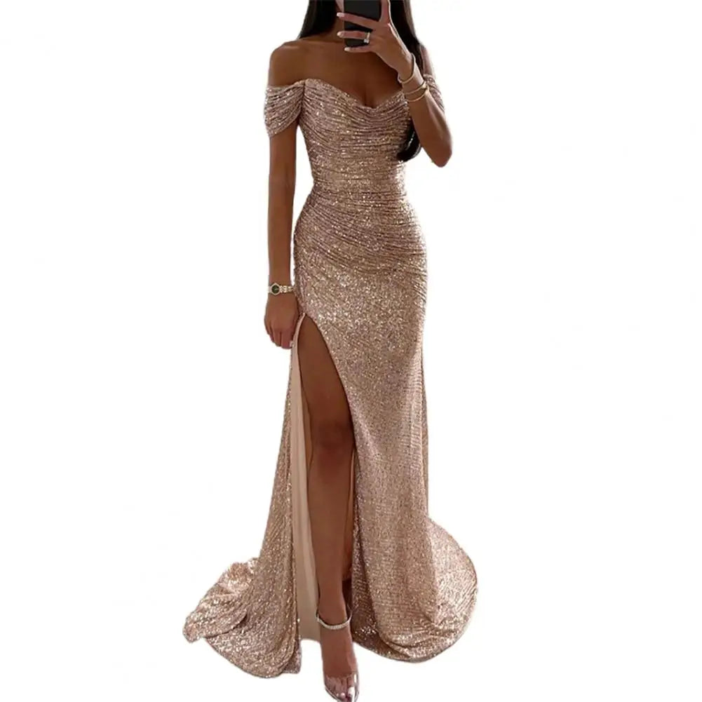 Women V-Neck Off Shoulder Maxi Dress Sequin Pleated Short Sleeve Waist Tight Evening Party Prom Dress Slim Sexy Split Long Dress