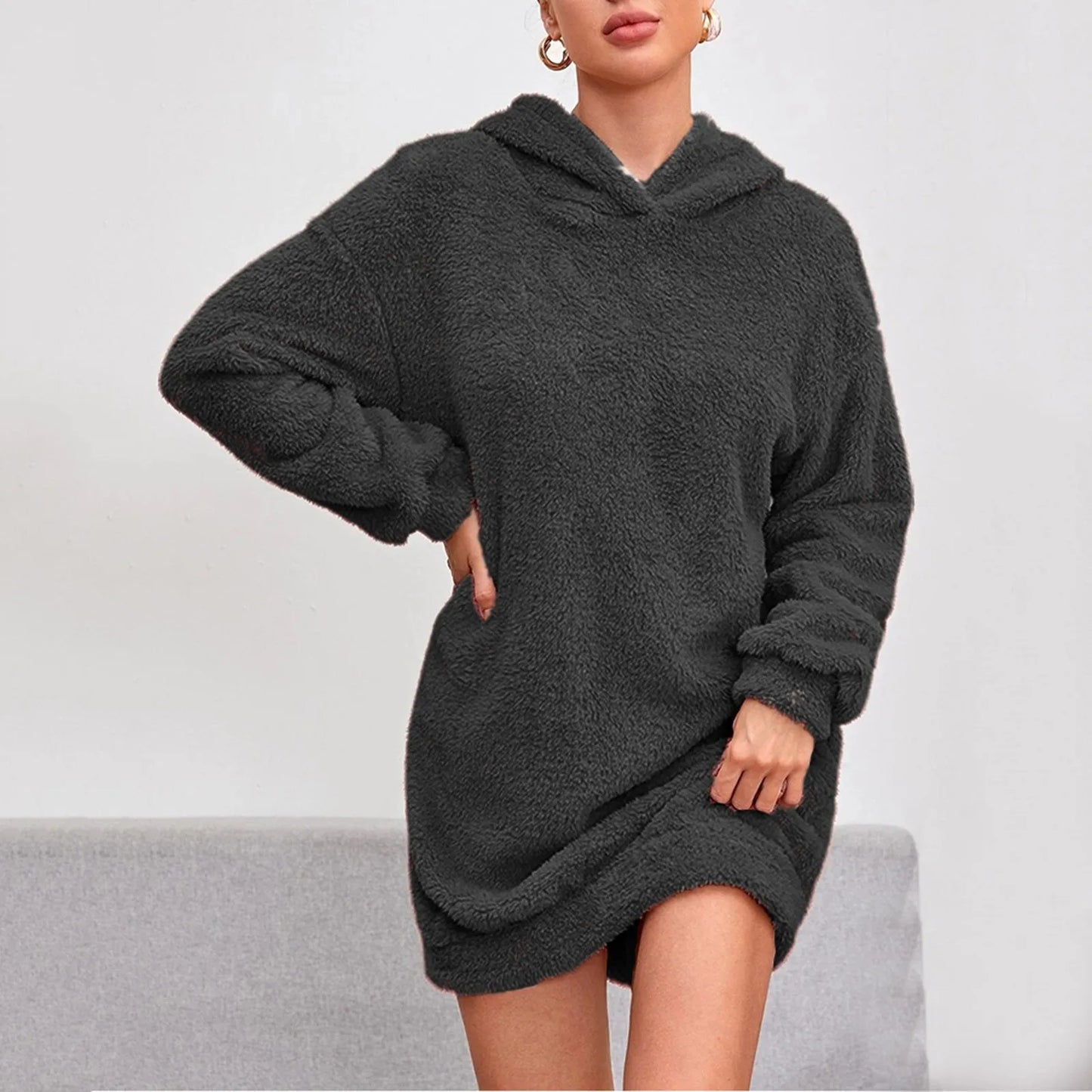 Casual Furry Hooded Long Sleeve Dresses Streetwear Warm Hoodies Dress For Women Autumn Winter Loose Fit Fleece Short Dresses