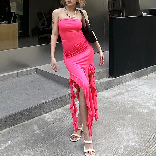 Spring and Summer 2024 European and N Fashion Trend Women's New One-shoulder Strapless Buns Slim Irregular Dress