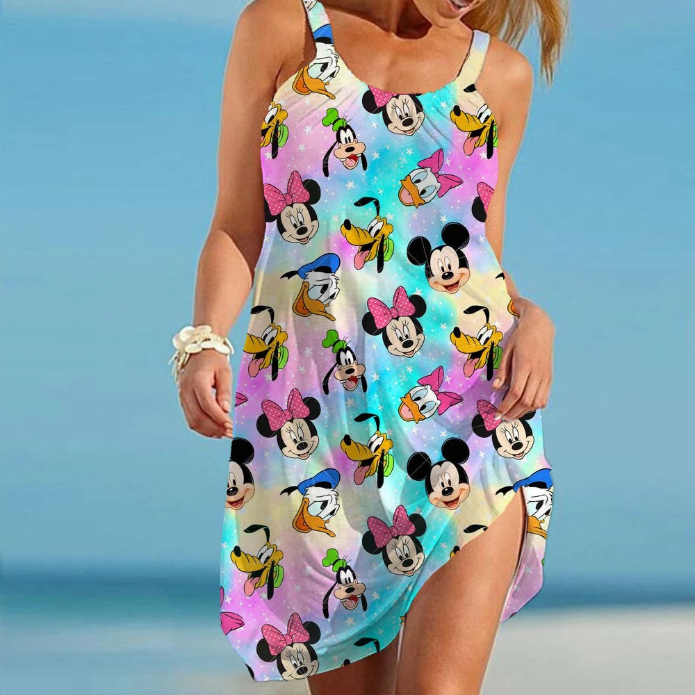 Disney Minnie Mickey Mouse Women Dresses 3D Dye Print Fashion Sleeveless Summer Halter Casual Sexy Dress Loose Kawaii Dress