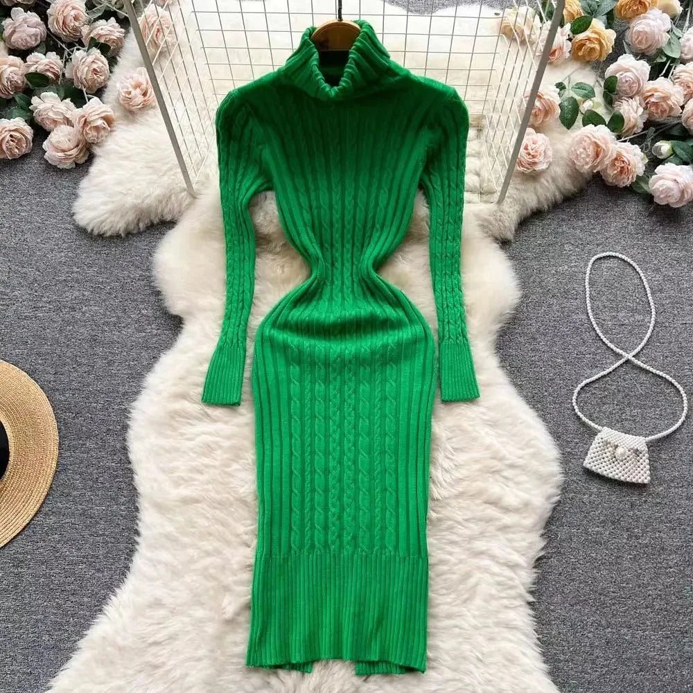 2024 Autumn/Winter Women's Knit Dress Sexy Polo/Turtle Neck Long Sleeve Medium-Length Slimming Smooths Your Silhouette