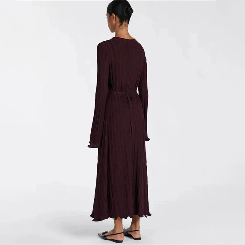 Knitwear Fashion Loose Maxi Dress Women Lace-Up High Waist Ribbed Long Sleeve Party Dress Female Knit Bandage Long Dress 2024