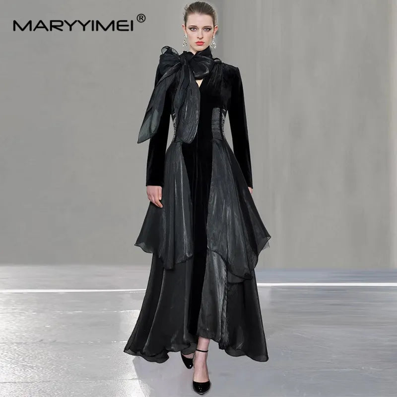 MARYYIMEI Fashion design Women's Dress V-neck Long-Sleeved Flounced Edge High waist dress for formal occasion With scarf