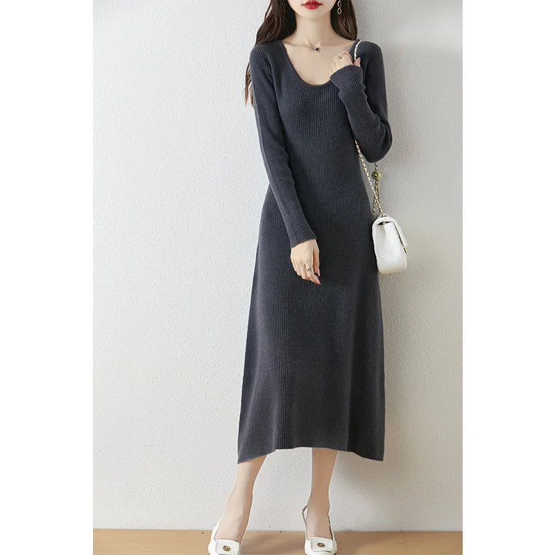 VU Collar Slim Fit 100% Merino Wool Women's AutumnWinter New Style Long Sleeved Warm Solid Color Pullover Fashionable Knit Dress