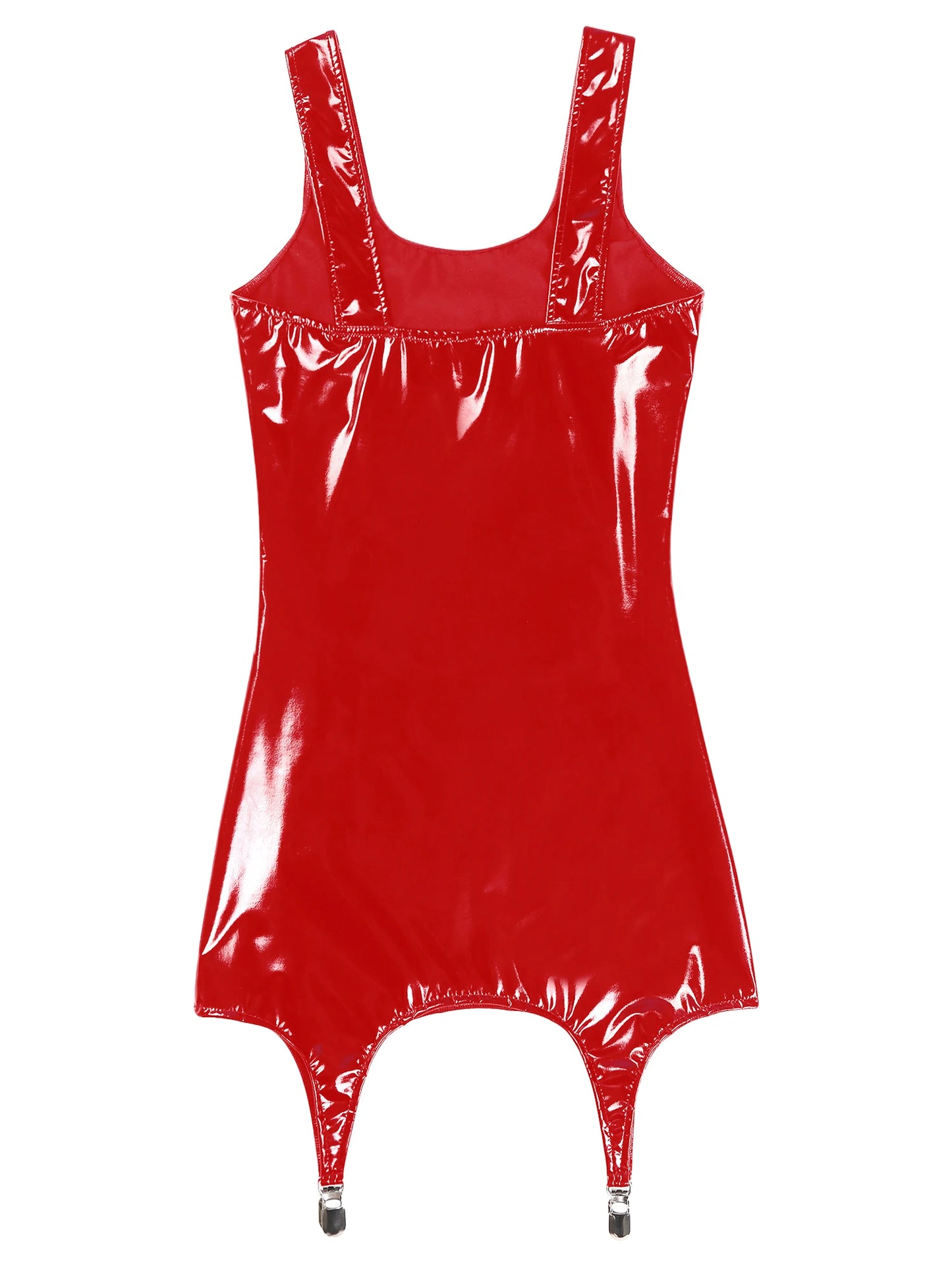 Sexy Womens Patent Leather Bodycon Mini Dresses with Metal Clips Wet Look Clubwear Costume Sleeveless Vestido Latex Tank Dresses