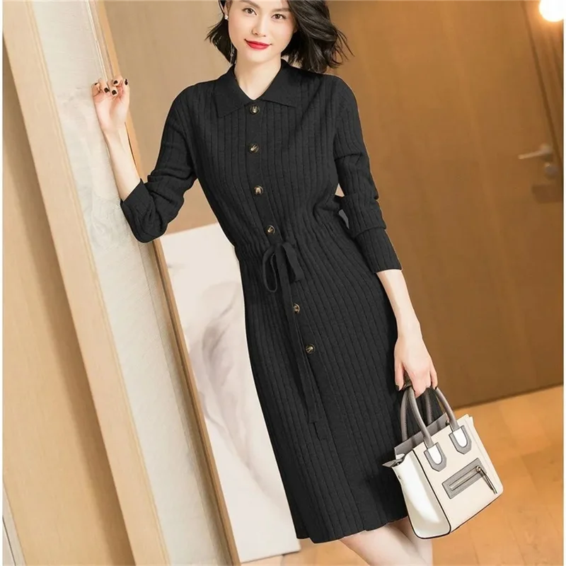 Loose Pullover Sweater Dress Lace-UP 2025 New Spring Size XXXL High-End Turn-Down Collor Long Knitted Dress Women's Autumn Dress