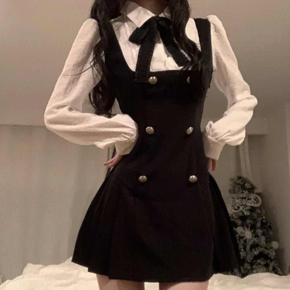 Women Autumn Preppy Style Sweet Bow Fake 2PCS Waist-fitted Pleated A-line Dress