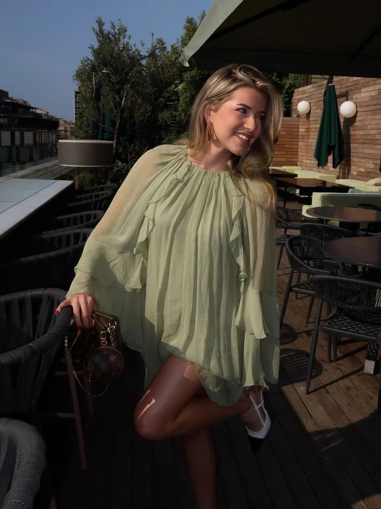 Women Fashion Green Ruffle Hem Mini Dress Elegant Round Neck Long Flare Sleeve Party Dresses Summer New Lady Vacation Veatidos