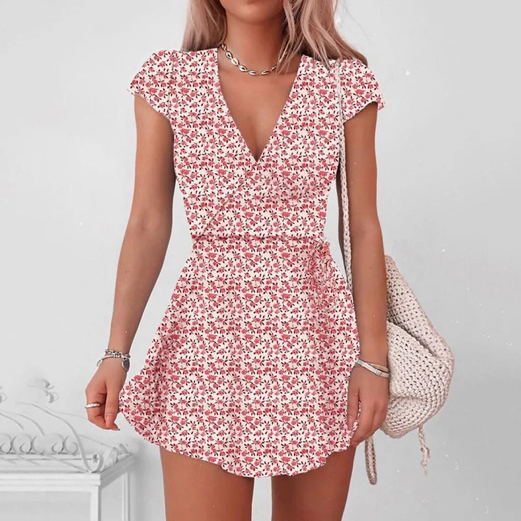 Summer European And American Women's Clothing Floral Skirt Print Floral Half V-Neck Mini Sleeve Dress Women's Dress