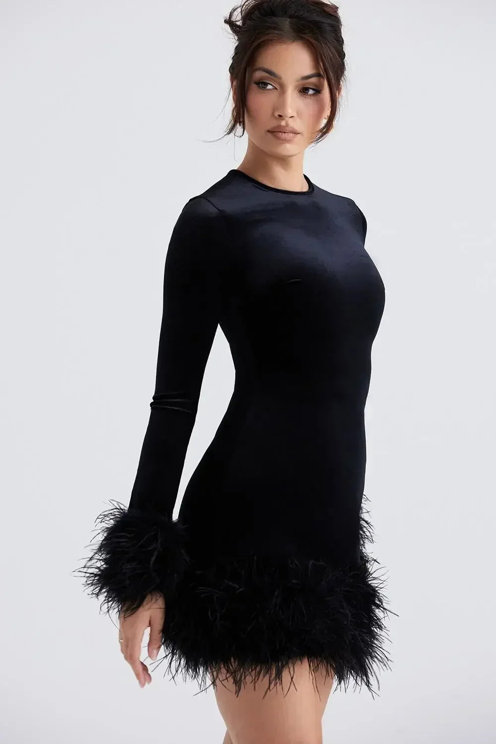 Elegant Velvet Feather Short Dress Women Black Slim O-neck Long Sleeve Hip Package Dresses Female 2025 Spring Lady Ball Gown