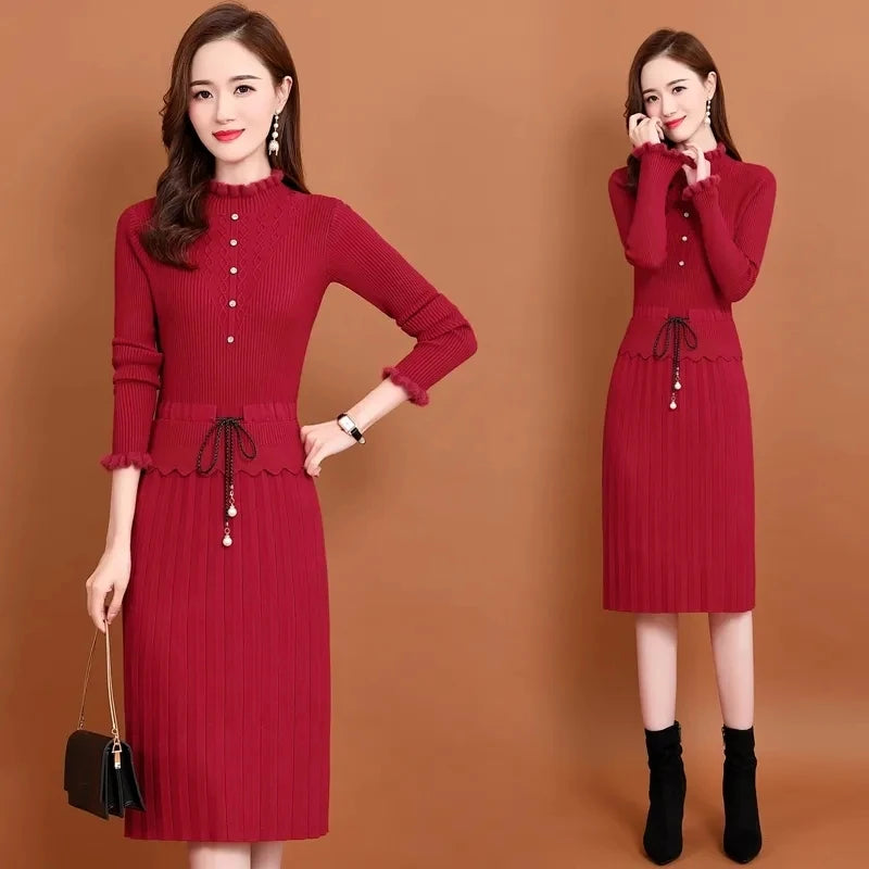 Slim Midi Sweater Dress Elegant Ruffle Long Sleeve Knitted Dress Women Vintage Fall Patchwork Drawstring Waist Bottoming Dresses