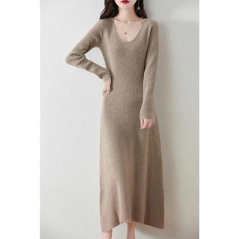 VU Collar Slim Fit 100% Merino Wool Women's AutumnWinter New Style Long Sleeved Warm Solid Color Pullover Fashionable Knit Dress