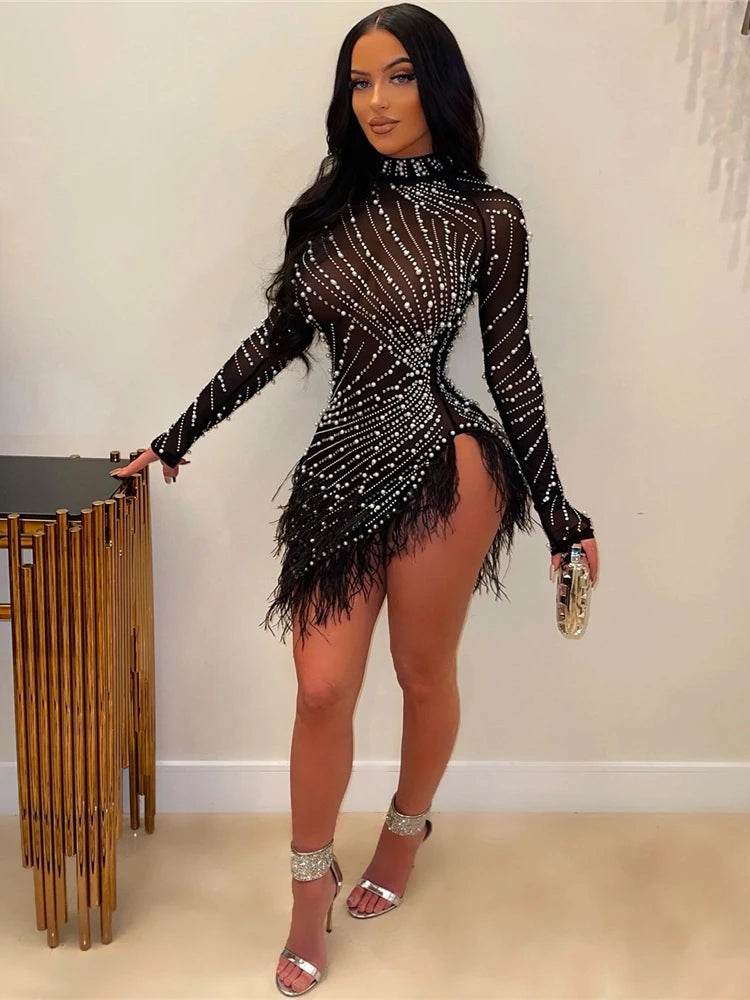 iDress Sexy Pearls Rhinestone Party Dresses Women Elegant Nightclub Feather Birthday Dress Long Sleeve Mesh Sheer Bodycon Dress