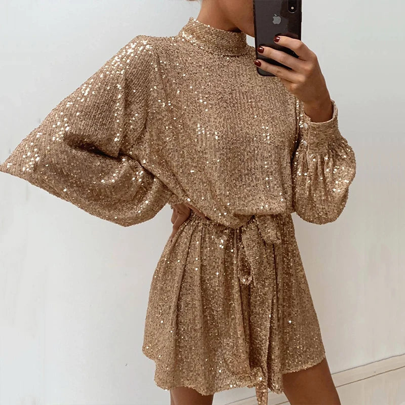 2024 Casual Solid Color Waist Short Dress Fashion Shiny Sequin Lace Up Party Dress New Autumn Women's O-neck Long Sleeved Dress