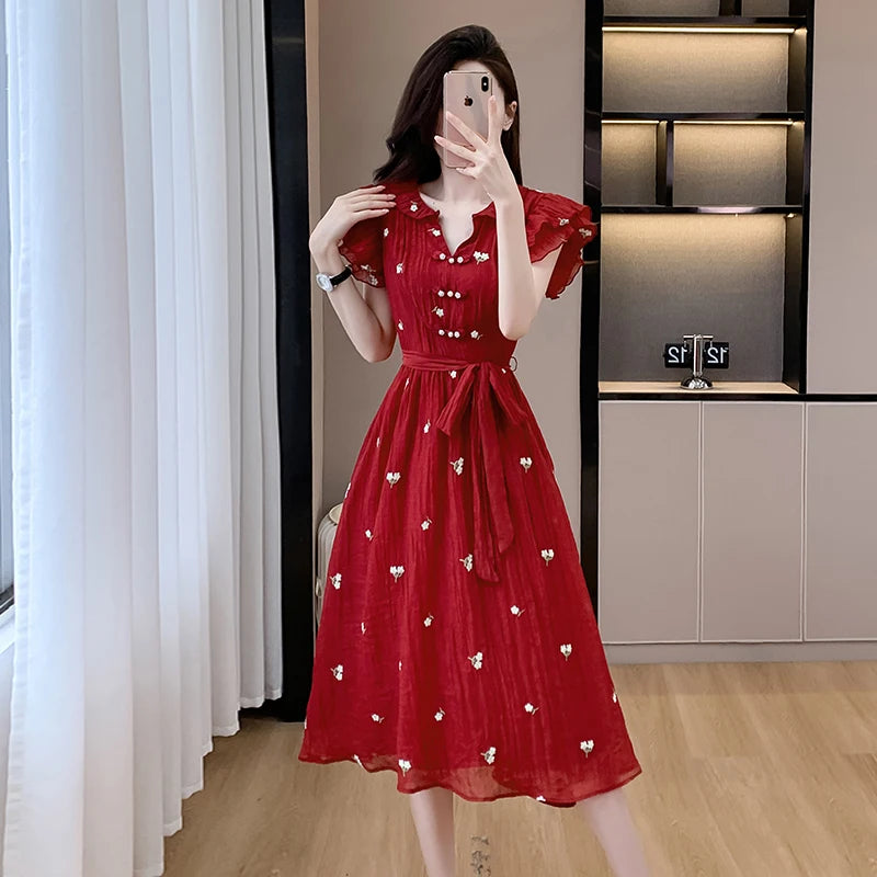 New Fashion Elegant Women V Neck Dress New French Summer Red Short Sleeve Lace Up Slim Waist Office Ladies A Line Vestidos